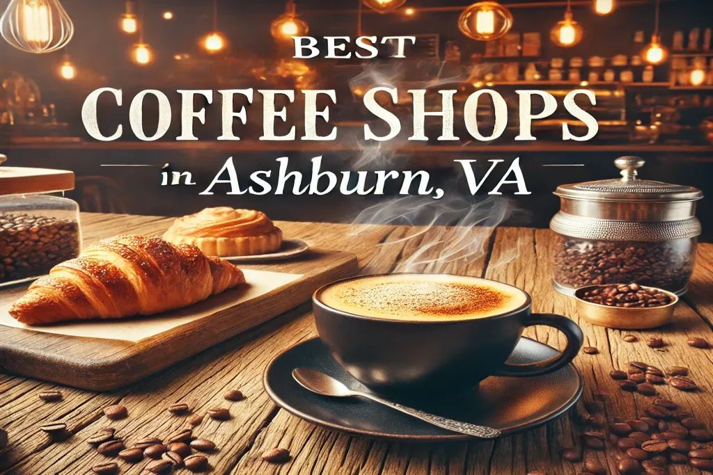 "Cozy coffee shop in Ashburn, VA, featuring a cup of artisan coffee with warm decor and friendly ambiance."