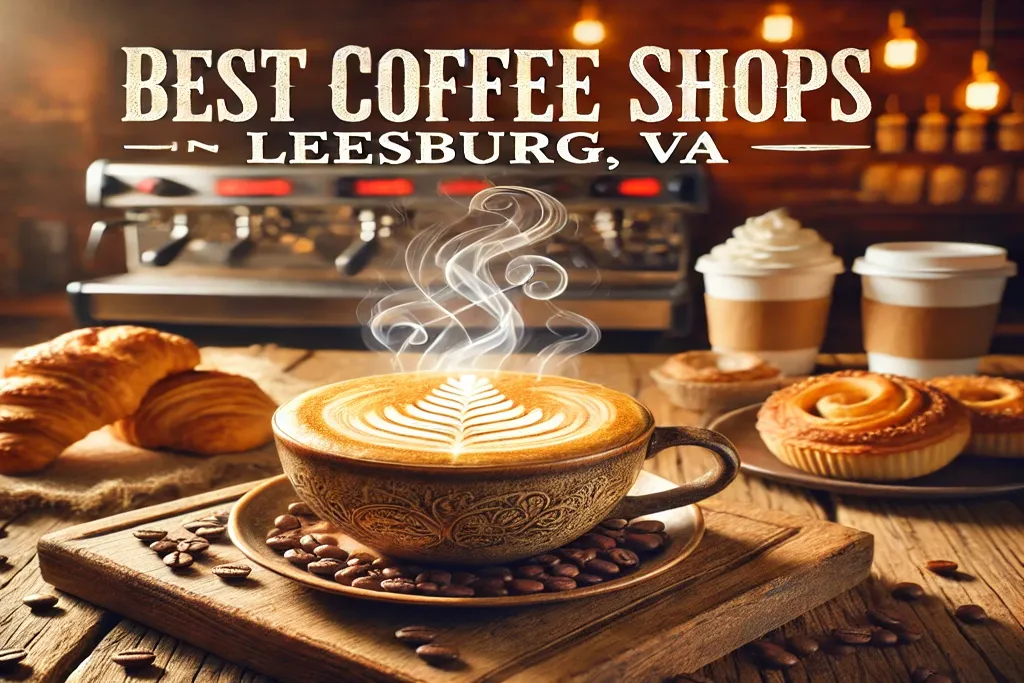 "Cozy coffee shop in Leesburg, VA, featuring a latte art coffee cup, warm interiors, and a friendly ambiance."