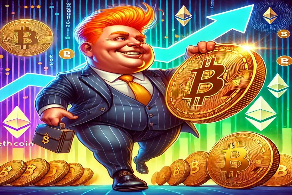 A caricature of a slightly overweight 70-year-old man with bright orange hair, holding a large golden coin in a blockchain-themed background, symbolizing cryptocurrency leadership and success.